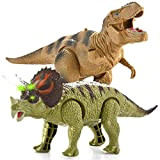 JOYIN 2 in 1 Dinosauro Realistico a Piedi T-rex Giocattolo Elettronico e Triceratopo con Suoni Ruggenti