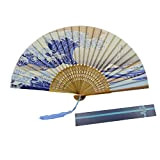 KAKOO Ventaglio Giapponese Pieghevole in bambù e Seta con Motivo Ispirato al Famoso Quadro “Onde del Mare a Kanagawa”, Accessorio ...