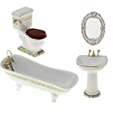 KESOTO 4pcs Casa delle Bambole in Miniatura Ceramica Bagno Vasca da Bagno WC Lavabo Pennello Stand Mirror # 1
