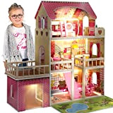 Kinderplay Casa delle Bambole - Grande Casa Legno per Bambole di 90cm con 17 Accessori Inclusi e 3 Livelli di ...