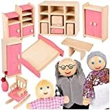 Kinderplay Set di Mobili Casa Bambole Legno - Set di Accessori Casa Bambole Legno di 11 Elementi, Include Bambole, Guardaroba, ...