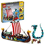 LEGO 31132 Creator 3 in 1 Nave Vichinga e Jörmungandr, Casa Giocattolo Apribile, Drago e Lupo Snodabili da Costruire, Giochi ...