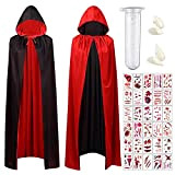 LGZIN Mantello Cappuccio Nero Rosso, 90cm Mantello da Vampiro Mantello con Cappuccio, Halloween Mantelli Costume, Con 3X Denti Adesivi, 30 ...