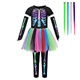 Lito Angels Vestito Scheletro Neon Costume di Halloween con Extension Clip Capelli Colorati per Ragazza Taglia 10-12 anni, L