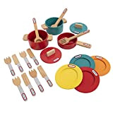 little tikes 110A - Accessori da cucina in legno per bambini, 20 pezzi, include padella, pentole, utensili, piatti e posate, ...