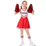 LOLANTA Costume Cheerleader Bambina,Raggaze Vestito Carnevale Cheerleadering con Pompon(10-11 Anni,Rosso,Tag 150)