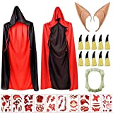 Lotvic Mantello con Cappuccio, Mantello Vampiro Nero Rosso, Halloween Mantelli Costume con Tatuaggi Unghie Finte Zanne da Vampiro Orecchie da ...