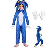 Luckybaby Bambina per bambini CostumeSonic Hedgehog Tuta + Copricapo + Guanti Deluxe Outfit / (Blu, 140-155cm)