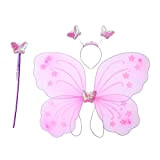 Luoem Costume da farfalla composto da 3 pezzi, da bambina, da festa, con ali, cerchietto e bacchetta magica da fata ...