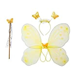 luoem Costume de fée fille papillon ailes baguette Bandeau Fée Jouet 3 pièces (jaune)