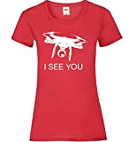 Maglietta da donna con scritta in lingua tedesca "Ich Sehe Dich Drone Drone, Colore: rosso, XL
