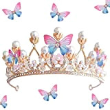 MEZHEN Tiara Principessa Diadema Farfalla Corona Ragazza Coroncine Bambini Corona Rosa Tiara per Compleanno Prestazione
