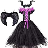MFFACAI Maleficent Costume Girls Evil Queen Witch Malefica Costume Tutu Dress con Corna Cerchietto Ali d'Angelo Halloween Fancy Dress Cosplay ...