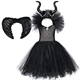 OBEEII Maleficent, Costume da Strega maleficente, per Bambini, per Cosplay, Halloween, Carnevale, con Ali di Corno e Ali di Tulle ...