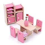 POFET Bambini Sala da Pranzo in Legno Casa delle Bambole Mobili in Miniatura Tavolo da Pranzo Sedie Armadietto Giocattolo Set ...
