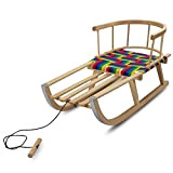 Prime Garden® PINNO COMODO - Slitta in legno per bambini, slitta con schienale, corda di trazione, manico in legno