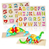 Puzzle in Legno：4 Pezzi Puzzle In Legno per Bambini- 2 Pezzi Puzzle Plug-In con 2 Pezzi Puzzle Afferrare per Neonati-Alfabeto,Numero,Dinosauri ...