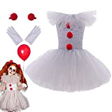 PW TOOLS Costume da Clown Spaventoso da Bambina per Bambini, Abito tutù in Tulle con Guanti e Forcina Rossa, per ...