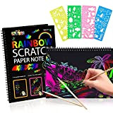 Rainbow Scratch Notes Scratch Art for Kids, 2 libri di carta arcobaleno con 2 pennini in legno e 4 stencil ...