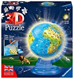 Ravensburger - 3D Puzzle Globo Night Edition con Luce, Impara la Geografia in Inglese, 180 Pezzi, 6+ Anni