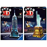 Ravensburger Puzzle 3D Empire State Building Edizione Speciale Notte, 216 Pezzi, Colore Nero, Luce Led, 12566 1 & 12596 Statua ...