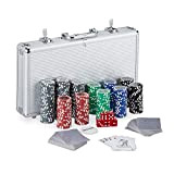 Relaxdays Valigetta Poker, 300 Chips Laser, 2 Mazzi di Carte, 5 Dadi, Dealer, Richiudibile & Portatile,Alluminio,Argento, Colore, 10031551