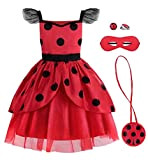 ReliBeauty Lady bug Costume Bambina Vestito Carnevale con Maschera per gli occhi, Borsa a tracolla,12-14 anni