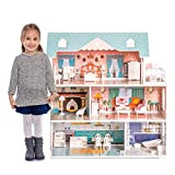 ROBUD Casa delle Bambole in Legno per Bambine e Ragazze, Regalo Giocattolo per 3 4 5 6 Anni, con mobili