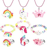 Set di 9 Pezzi Gioielli di Unicorno per Bambini e Ragazze Bracciali Collana e Anelli di Unicorno con Corona Arcobaleno ...