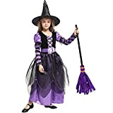 SHUOYUE Costume da Strega Bambini Costume Cosplay di Halloween Ragazze Viola Vestiti Bambina con Cappello Scopa Vestito Strega Costumi per ...