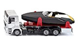 SIKU 2715, Camion con motoscafo, 1:50, Metallo/Plastica, Argento/Nero, Motoscafo giocattolo galleggiante