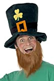 SMIFFYS Smiffy's Cappello da folletto irlandese, verde con quadrifoglio, fibbia e barba rossiccia per Adulti, Colore dorato, Taglia unica, 25241