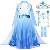Snyemio Vestito da Elsa per Bambina Ragazza Costume Abito Principessa Carnevale Cosplay con Capo, Blu, 6-7 Anni(Etichetta 140)