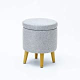 Storage Ottoman Chair Stool Upholstered Footstool Linen Round Pouffe Chair Multifunction with Removable Cover 4 Wooden Legs Gray (Lightgrey)