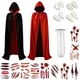 TDWE Halloween Mantello Da Vampiro Bambino Con Cappuccio Nero Rosso Halloween Costume Reversibile Unisex,80cm,10*Adesivi Per Tatuaggi Con Cicatrici,8*Denti Da Vampiro,1 ...