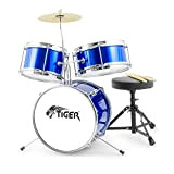 TIGER JDS7-BL Batteria per principianti 3 pezzi con rullante, tom, basso, pedale, piatti e bacchette - colore blu
