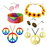 Tizund Hippie Costume Set，Include collana del segno della pace, orecchini, cerchietto con girasole, occhiali da sole hippie rotondi e fascia ...