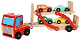 Toys of Wood Oxford TOWO Camion Giocattolo in Legno a Due Piani, con Rimorchio Trasportatore e 4 Macchinine da Corsa ...