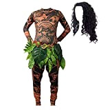 VersusModa Tipo Maui Vaiana Costume Carnevale Travestimento Uomo Animazione Cosplay Maui MAUIC12 (Set Vestiti 3pz + Parrucca, S)