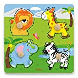 VIGA Toys-Big Wooden Knob Puzzle-Wild Animals, 50840