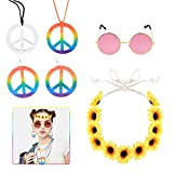 VIKSAUN 5 pezzi Hippie Costume Set, Hippie Costume Accessori per Donna Includere Daisy Sunflower Hairbands, Occhiali Hippie, Collana Simbolo Pace ...