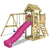 WICKEY Parco giochi in legno MultiFlyer tetto in legno, Giochi da giardino con altalena e scivolo viola, Casetta da gioco ...
