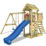 WICKEY Parco giochi in legno MultiFlyer tetto in legno, Giochi da giardino con altalena e scivolo blu, Casetta da gioco ...