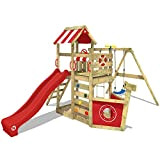 WICKEY Parco giochi in legno SeaFlyer Giochi da giardino con altalena e scivolo rosso, Casetta da gioco per l'arrampicata con ...