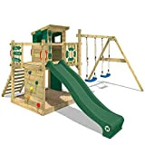 WICKEY Parco giochi in legno Smart Camp Giochi da giardino con altalena e scivolo verde, Casetta da gioco per l'arrampicata ...
