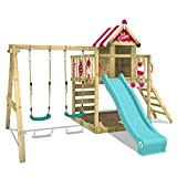 WICKEY Parco giochi in legno Smart Candy Giochi da giardino con altalena e scivolo turchese, Casetta da gioco per l'arrampicata ...