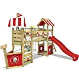 WICKEY Parco giochi in legno StormFlyer Giochi da giardino con altalena e scivolo rosso, Casetta da gioco per l'arrampicata con ...