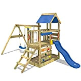 WICKEY Parco giochi in legno TurboFlyer Giochi da giardino con altalena e scivolo blu, Torre d'arrampicata da esterno con sabbiera ...