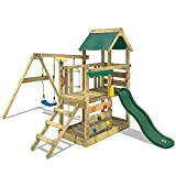 WICKEY Parco giochi in legno TurboFlyer Giochi da giardino con altalena e scivolo verde, Torre d'arrampicata da esterno con sabbiera ...