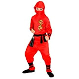 Widmann - Costume Ninja rosso per bambini, casacca con cappuccio, pantaloni, cintura, maschera per il viso, fasce per braccia e ...